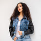 Women's Blue Denim Jacket with Pure Leather Sleeves - Stylish & Trendy Outerwear - Made in Egypt