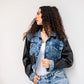 Women's Blue Denim Jacket with Pure Leather Sleeves - Stylish & Trendy Outerwear - Made in Egypt