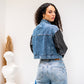 Women's Blue Denim Jacket with Pure Leather Sleeves - Stylish & Trendy Outerwear - Made in Egypt