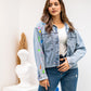 Women's blue denim jacket by Aya Osama Couture, lightweight and stylish, perfect for casual wear in spring and fall. Made in Egypt.