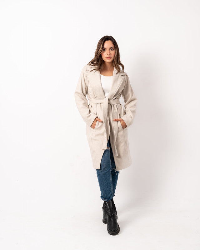 Elegant Beige Wool Blend Long Coat by Aya Osama Couture - Women's Stylish Winter Fashion Outerwear