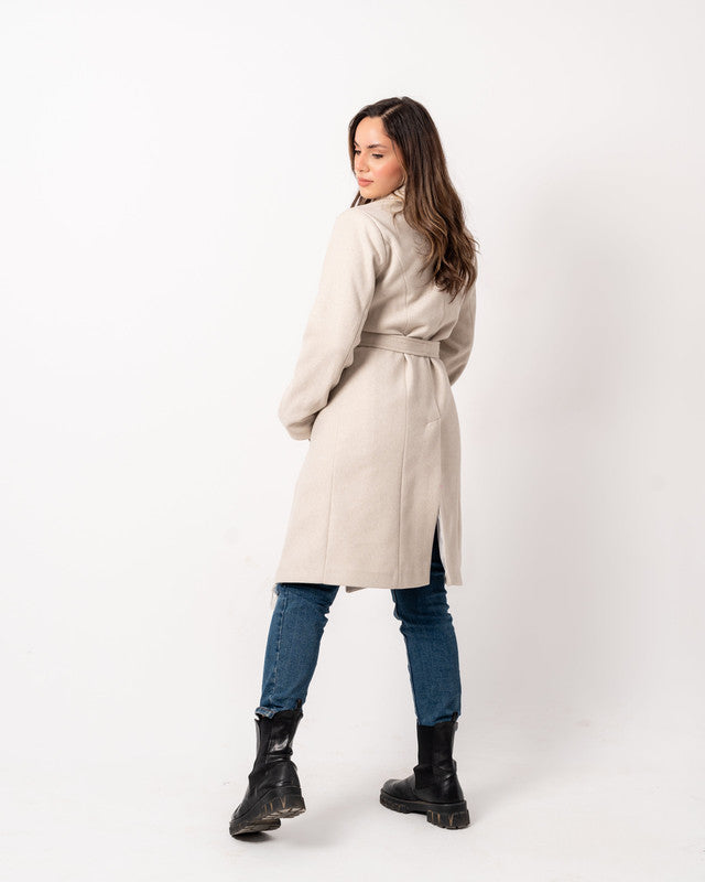 Women's Basic Long Coat - Soft Wool Blend, Heavyweight Fabric, Beige - Elegant Winter Jacket, Made in Egypt