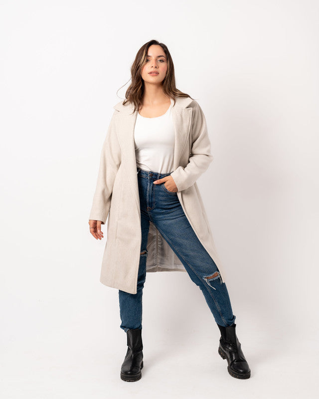 Women's Basic Long Coat - Soft Wool Blend, Heavyweight Fabric, Beige - Elegant Winter Jacket, Made in Egypt