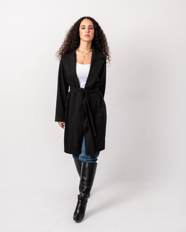 Women's Basic Long Coat - Black, Heavyweight Soft Wool Blend, Elegant Winter Jacket, Made in Egypt