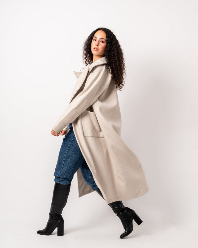 Women's Oversized Beige Wool Blend Coat - Heavyweight, Soft, Stylish Outerwear Made in Egypt