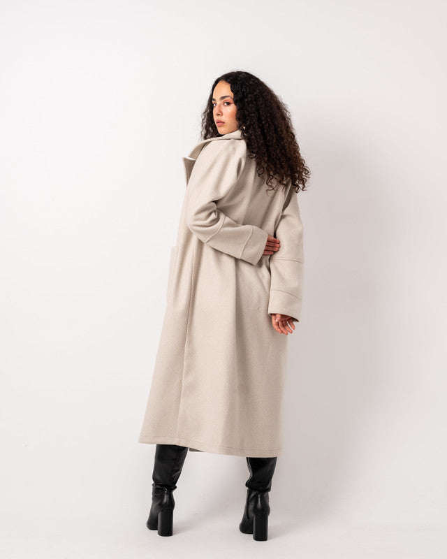 Women's Oversized Beige Wool Blend Coat - Heavyweight, Soft, Stylish Outerwear Made in Egypt