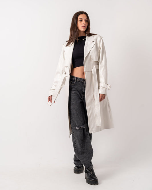 Women's Double Way White Leather Coat by Aya Osama Couture - Elegant, Stylish, High-Quality, Versatile, Premium Egyptian Leather Fashion Outerwear