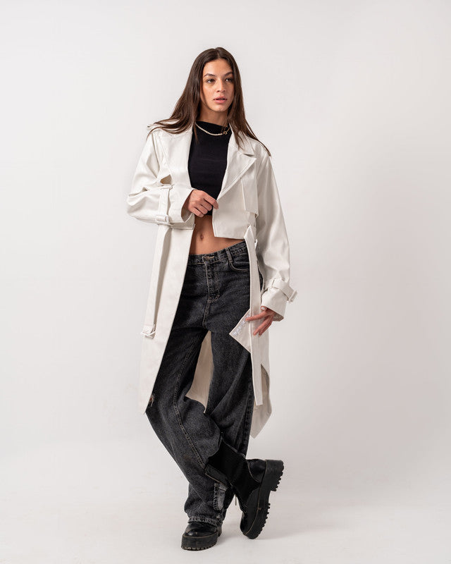 Women's Pure White Leather Coat - Double Way Design, Premium Quality, Made in Egypt