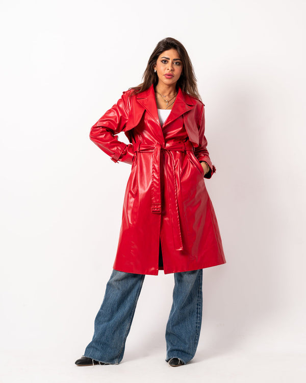 Red Double Way Leather Coat by Aya Osama Couture - Stylish, High-Quality Women's Fashion Outerwear, Versatile and Trendy Designer Jacket.