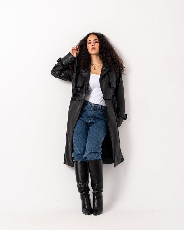 Women's Pure Leather Double Way Coat - Black, Stylish & Versatile Jacket, Made in Egypt