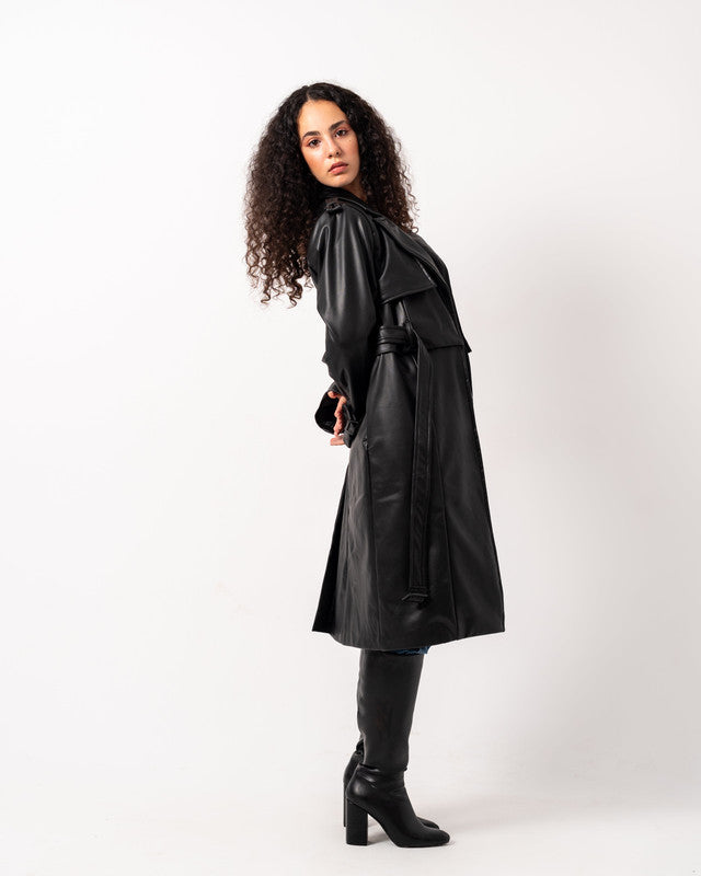 Women's Pure Leather Double Way Coat - Black, Stylish & Versatile Jacket, Made in Egypt