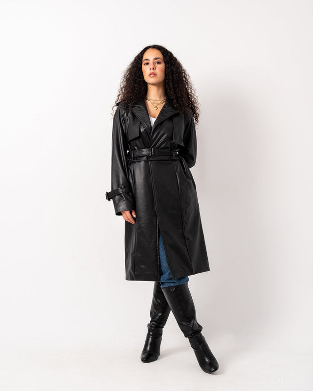 Elegant black double way leather coat by Aya Osama Couture, premium pure leather, stylish and versatile women's outerwear.