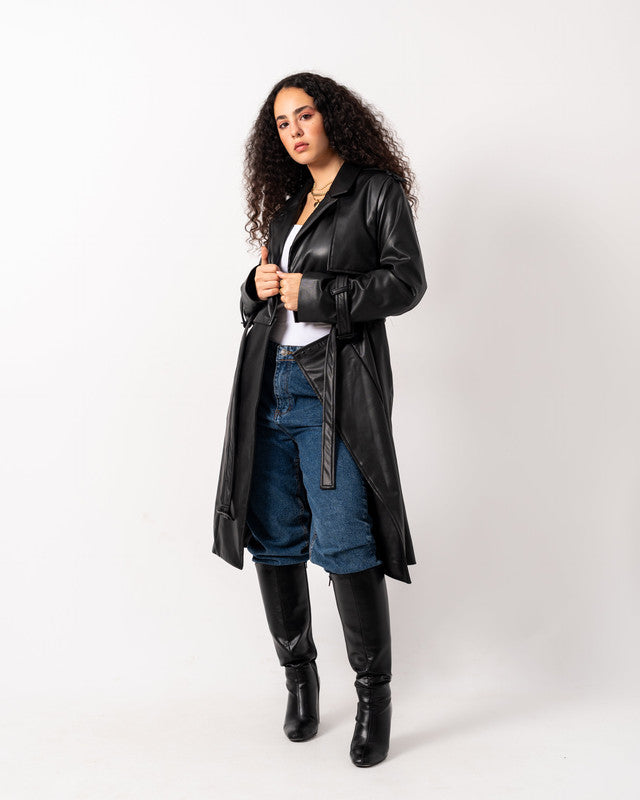 Women's Pure Leather Double Way Coat - Black, Stylish & Versatile Jacket, Made in Egypt