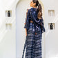 Elegant blue Moroccan kaftan with fuzzy tulle, semi-sheer textured fabric, and intricate Indian embroidery by Aya Osama Couture.