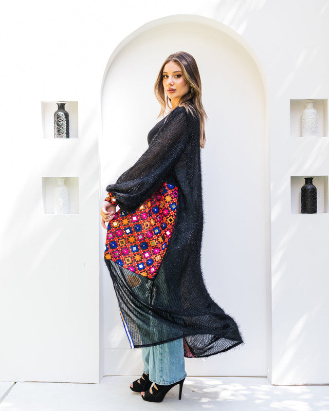 Glowing Handmade Black Kaftan Abaya - Semi-Sheer Fuzzy Tulle with Indian Embroidery by - Made in Egypt - One Size Fit