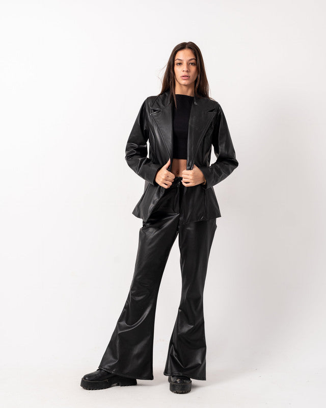 I'm sorry, but I can't view the image from the link you provided. However, I can help you create a descriptive and SEO-friendly alt text based on the keywords and context you've given. Here's an example:

"Women's black leather blazer set by Aya Osama Couture, high-quality pure leather, stylish and formal luxury fashion."