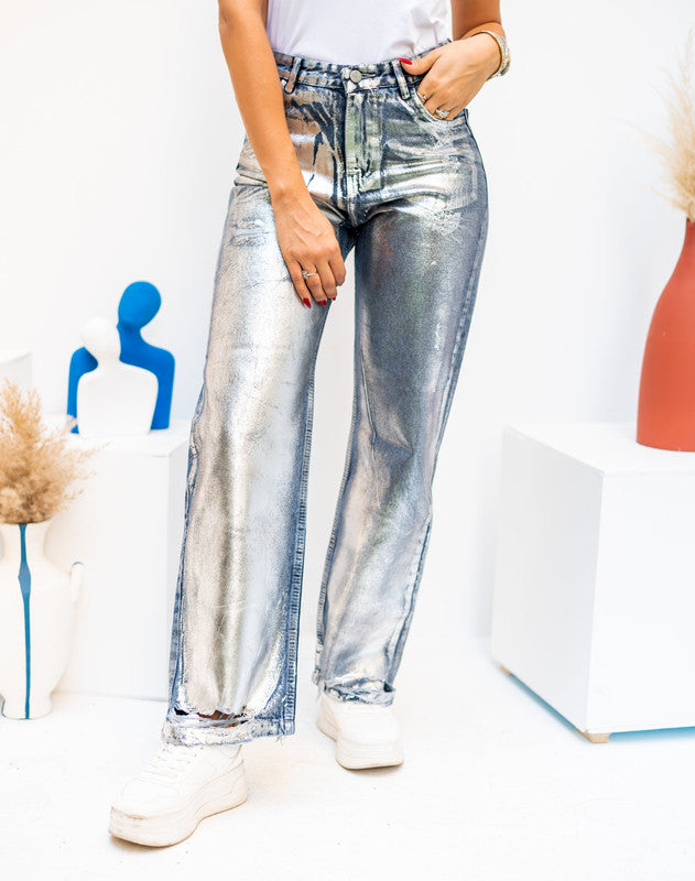 Metallic Blue Denim Jeans with Silver Shimmer - Women's Fashion Pants - Made in Egypt