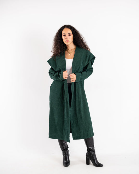 Green velvet pleated coat by Aya Osama Couture, luxury women's fashion, elegant winter outerwear, stylish and trendy designer coat.