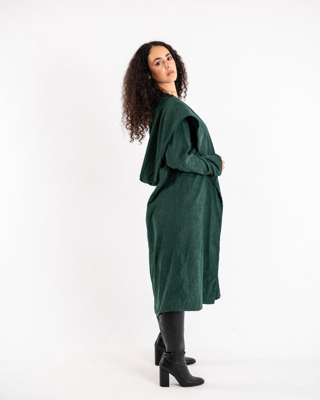 Women's Green Velvet Coat - Elegant Pleated Design, Luxurious Winter Jacket, Made in Egypt