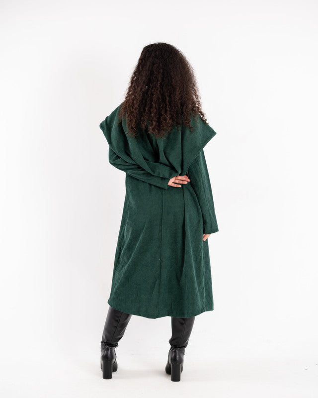 Women's Green Velvet Coat - Elegant Pleated Design, Luxurious Winter Jacket, Made in Egypt