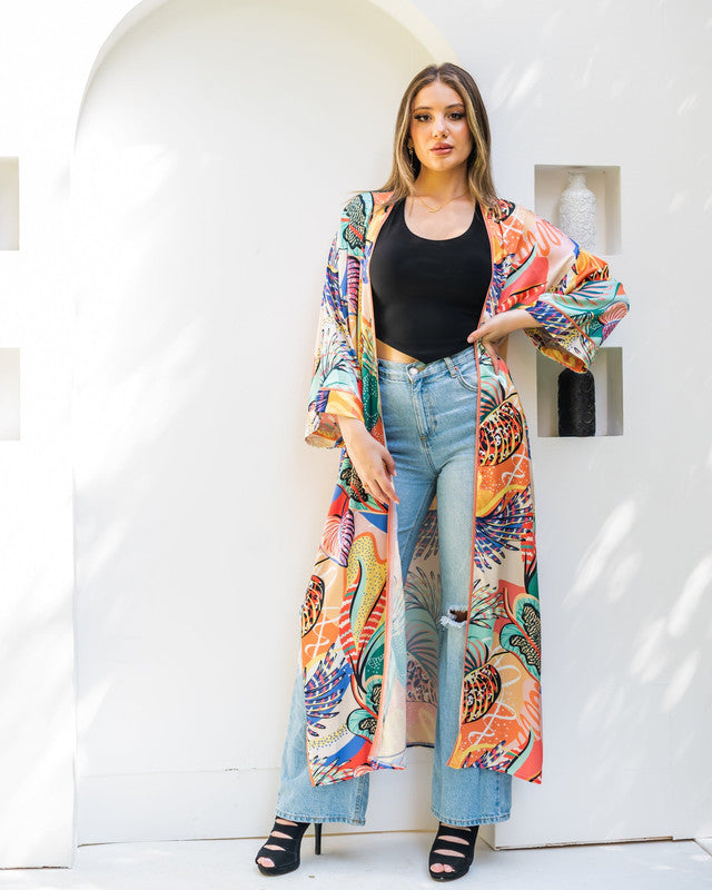 Elegant new printed satin kimono by Aya Osama Couture, featuring luxurious Egyptian fashion design, perfect for stylish women's outfits.