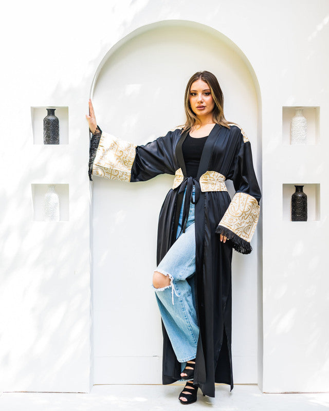 Sonia Satin Kaftan Abaya in Black - Pure Satin with Fringes & Handmade Embroidery - Elegant Women's Fashion from Egypt - One Size Fit