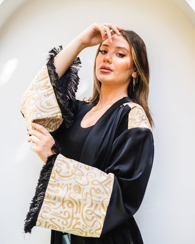 Sonia Satin Kaftan Abaya in Black - Pure Satin with Fringes & Handmade Embroidery - Elegant Women's Fashion from Egypt - One Size Fit