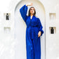 Elegant blue satin cardigan with glitz shoulder details by Aya Osama Couture, perfect for evening wear and formal occasions.