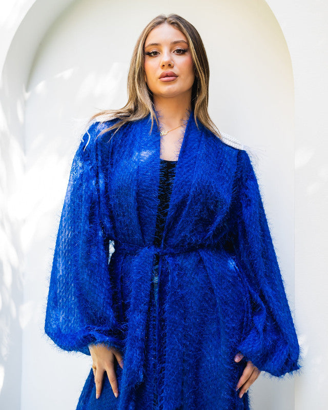 Women's Satin Glitz Shoulders Cardigan - Blue | Elegant Fashion Tops | Made in Egypt - One Size Fit