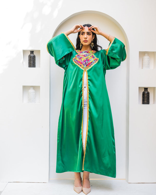 Pure Satin Moroccan Abbaya in Green - Elegant Women's Abaya by Aya Osama Couture, Made in Egypt