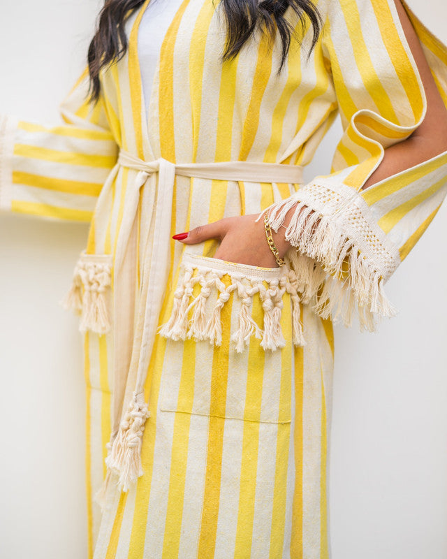 Women's Yellow Striped Kaftan Abaya - Mixed Fabric, Egyptian Origin - One Size Fit