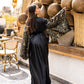 Women's Black Arabi Kaftan - Pure Satin & Brocade Cardigan Top, Made in Egypt - One Size Fit