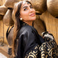 Women's Black Arabi Kaftan - Pure Satin & Brocade Cardigan Top, Made in Egypt - One Size Fit