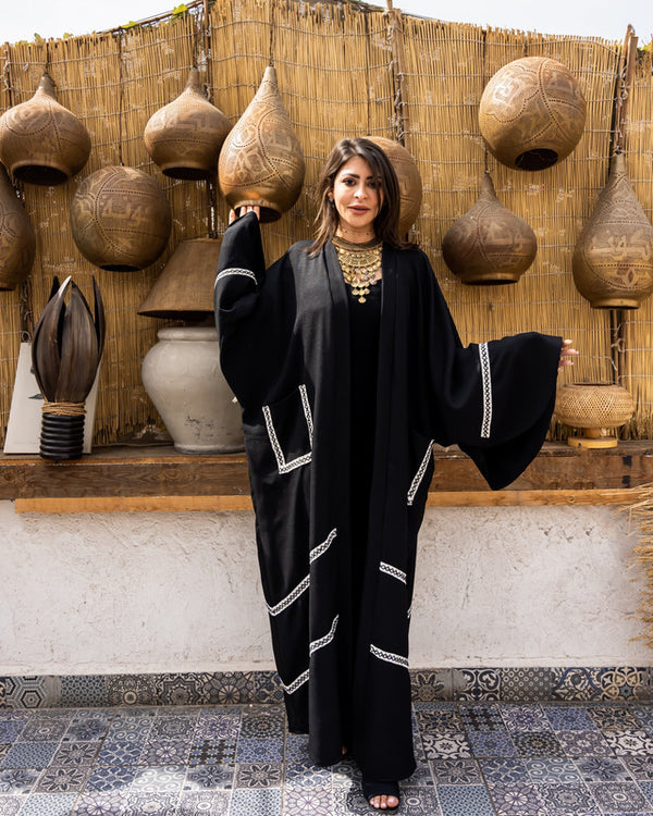 Black Linen Abaya with Handmade Embroidery by Aya Osama Couture - Traditional Egyptian Fashion, Modest Women's Wear, Designer Abaya