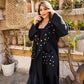 Women's Naz Fringes Cardigan - Black Pure Linen with Handmade Embroidery, Crystal Fringes, Elegant Tops, Made in Egypt - One Size Fit
