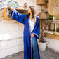 Elegant blue satin cardigan with handmade embroidery by Aya Osama Couture, perfect for high-end fashion and luxury women's tops.