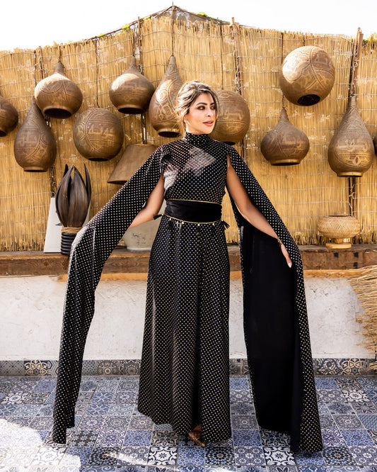 Elegant black velvet Aziza Royal Dress with handmade embroidery and belted waist by Aya Osama Couture, perfect for formal and special occasions.