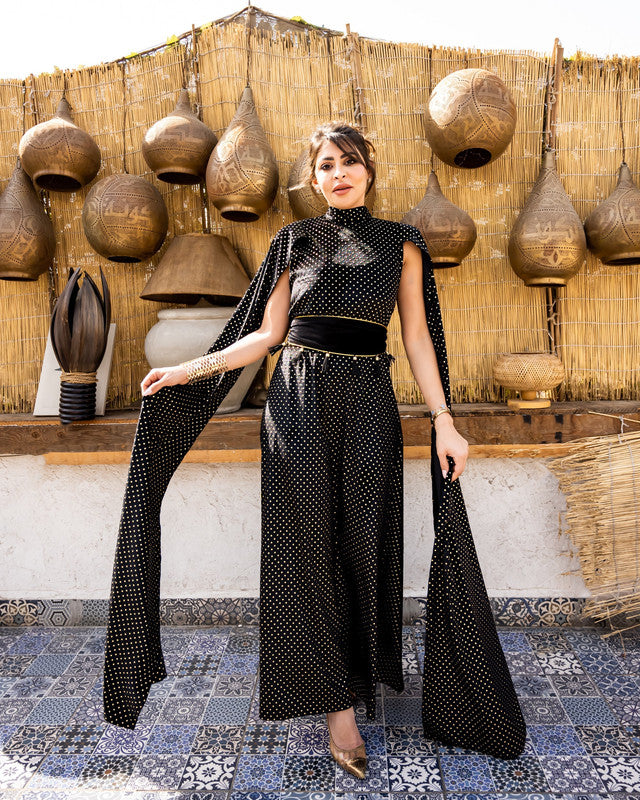 Aziza Royal Dress - Black Velvet with Handmade Embroidery & Belt | | Elegant Women's Evening Gown | Made in Egypt