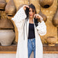 Women's Pure Linen White Cardigan with Handmade Embroidery and Lila Fringes - Elegant Egyptian Fashion Top - One Size Fit