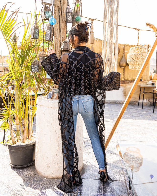 Women's Safi Lace Cardigan - Elegant Black Soiree Top - Made in Egypt - One Size Fit