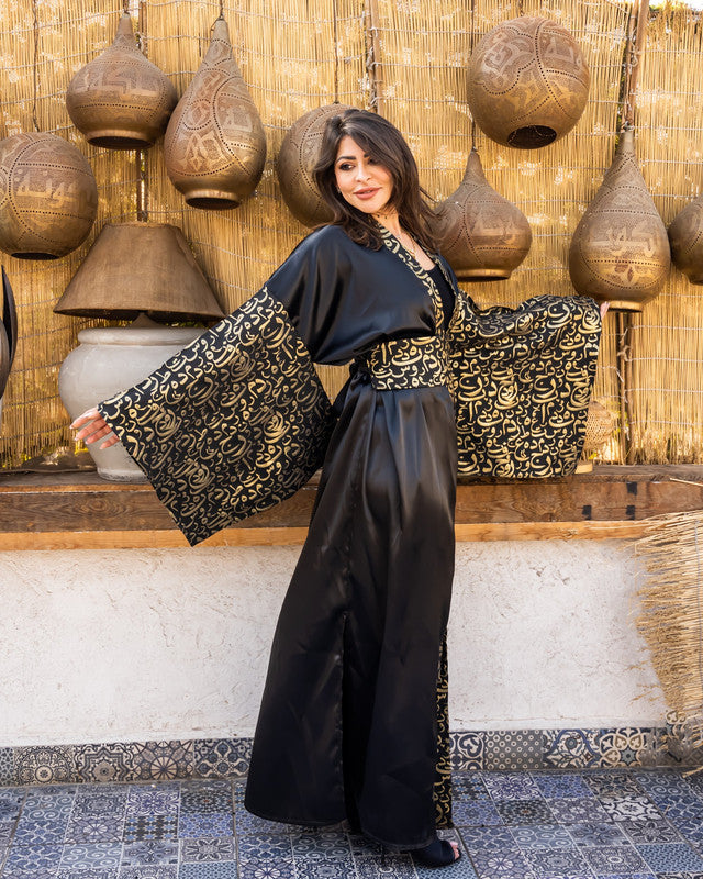 Women's Black Arabi Kaftan - Pure Satin & Brocade Cardigan Top, Made in Egypt - One Size Fit