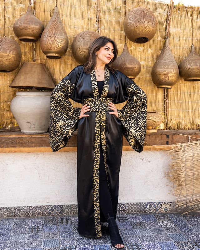 Women's Black Arabi Kaftan - Pure Satin & Brocade Cardigan Top, Made in Egypt - One Size Fit