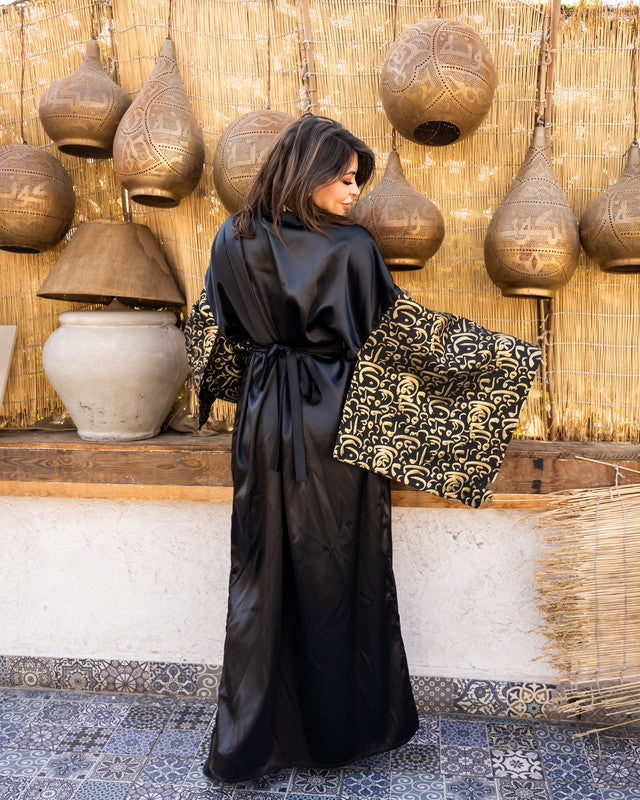 Women's Black Arabi Kaftan - Pure Satin & Brocade Cardigan Top, Made in Egypt - One Size Fit