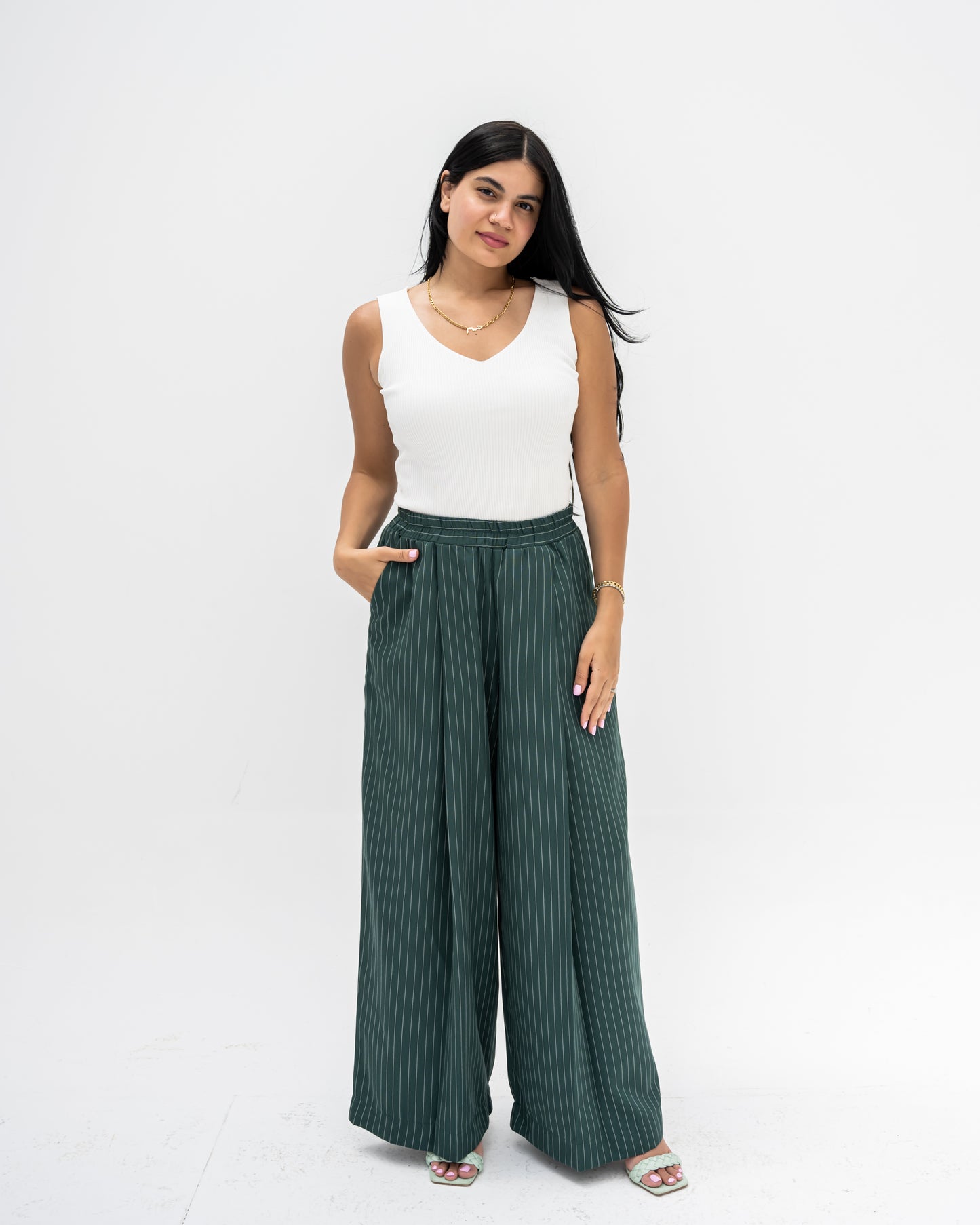 Trendy Cut Striped Pants In Green