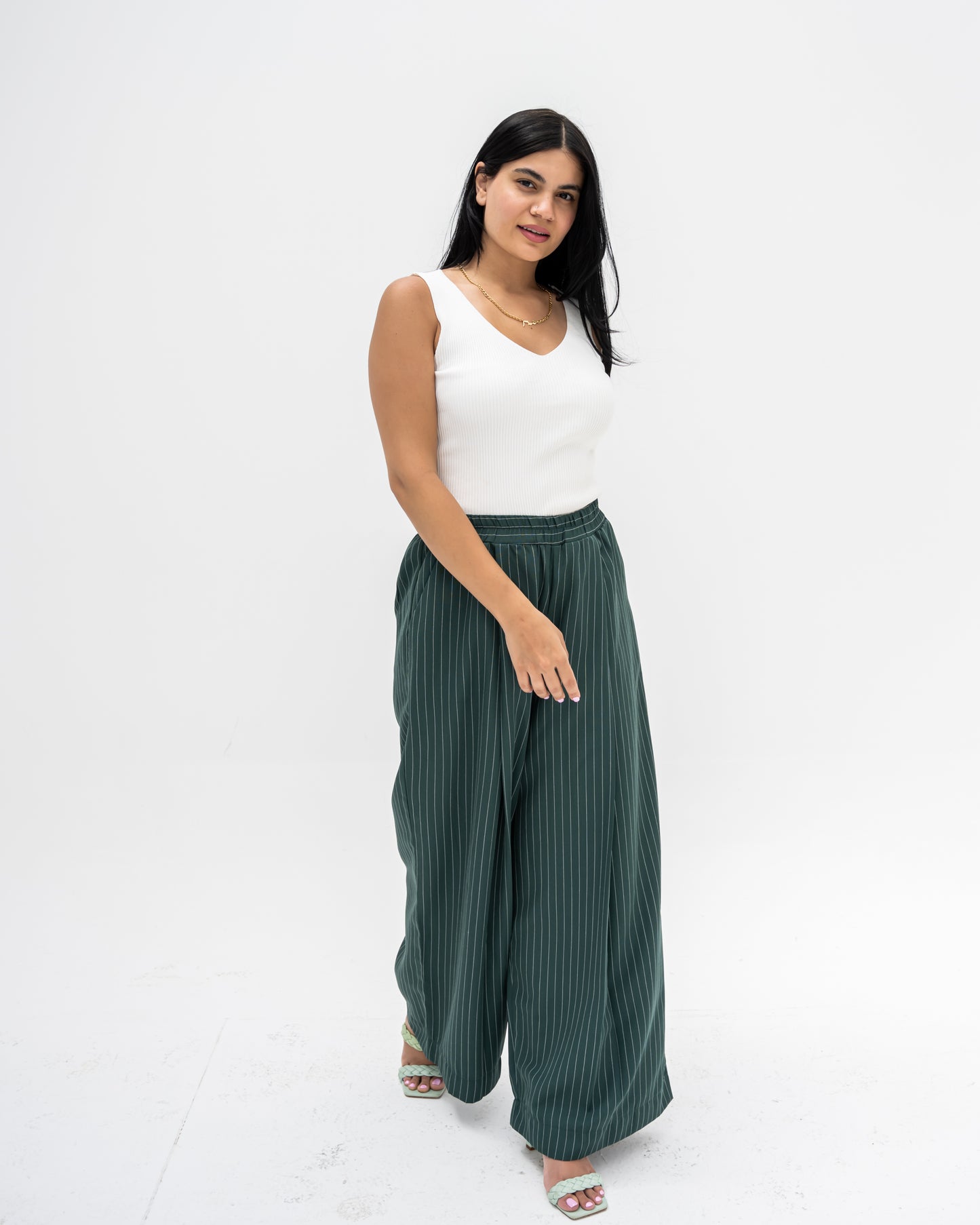 Trendy Cut Striped Pants In Green