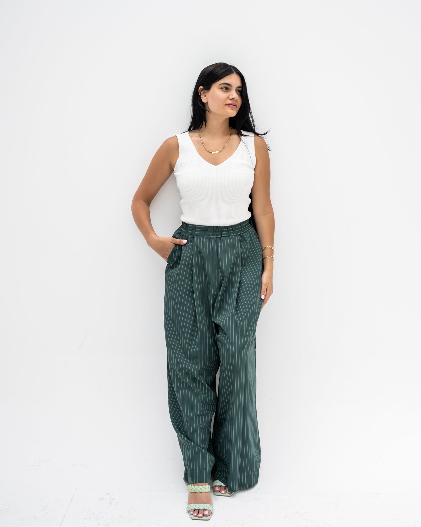 Trendy Cut Striped Pants In Green