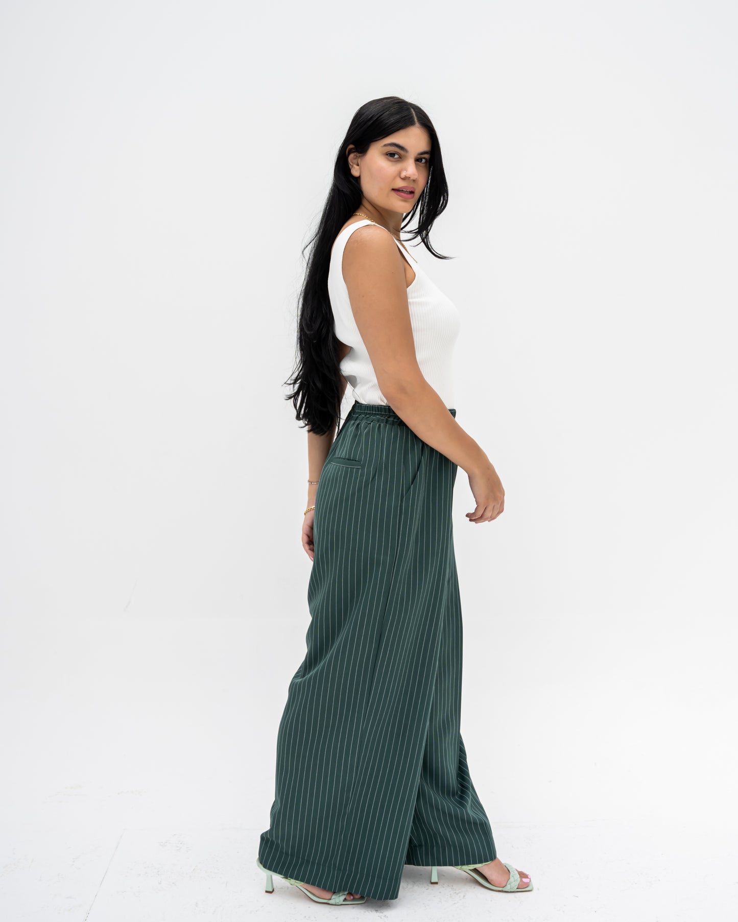 Trendy Cut Striped Pants In Green