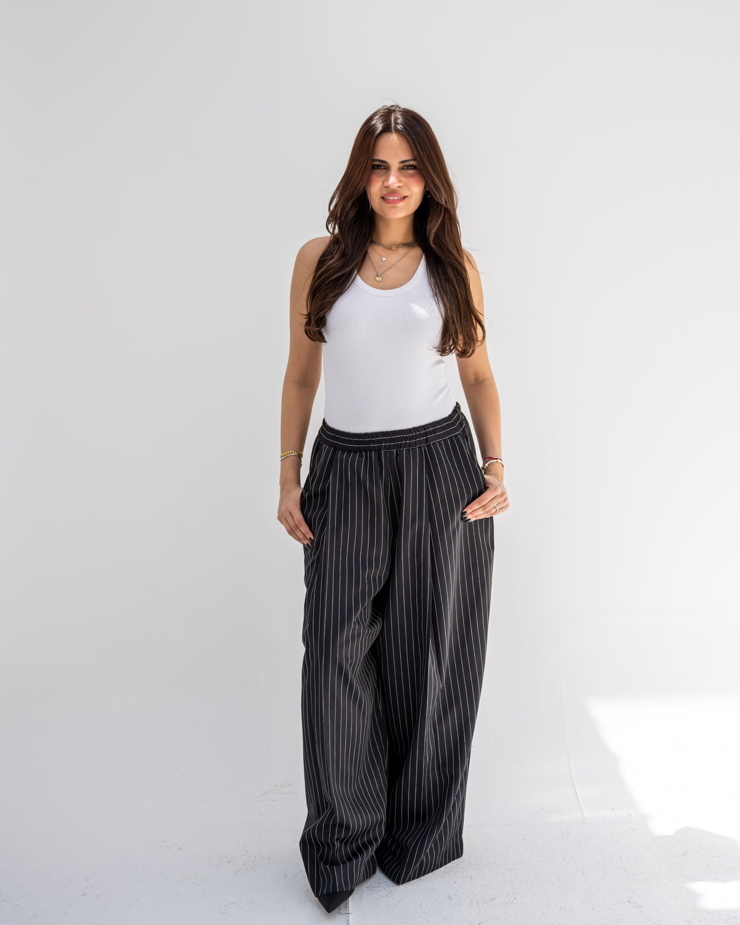 Trendy Cut Striped Pants In Black