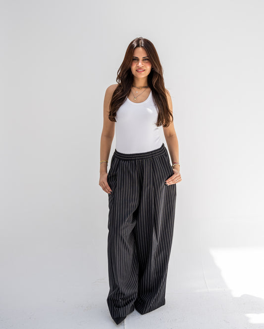 Trendy Cut Striped Pants In Black