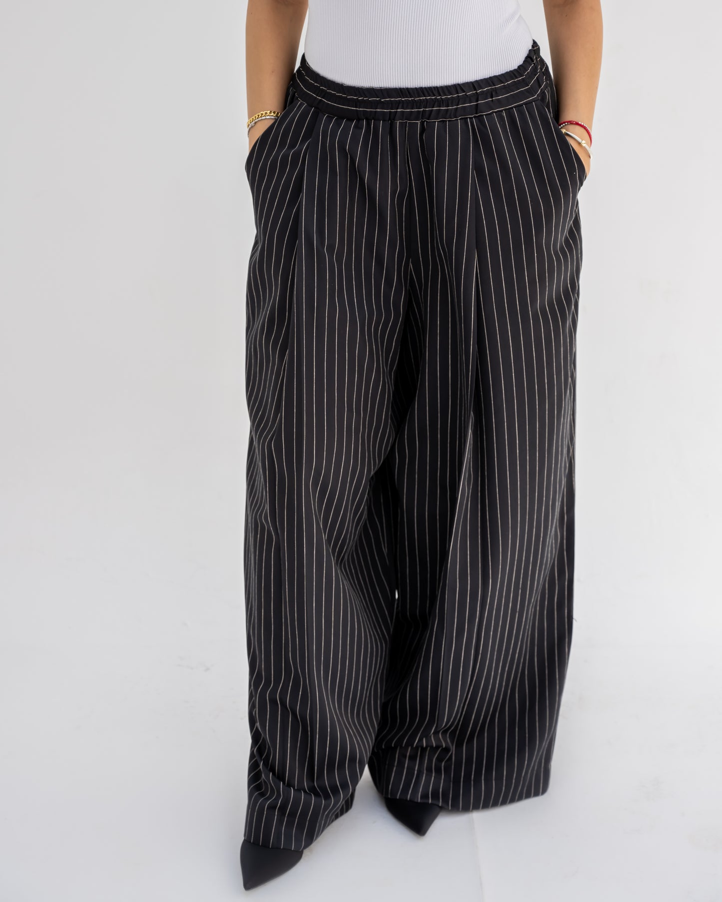 Trendy Cut Striped Pants In Black